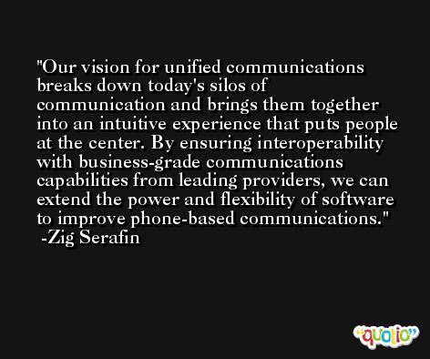 Our vision for unified communications breaks down today's silos of communication and brings them together into an intuitive experience that puts people at the center. By ensuring interoperability with business-grade communications capabilities from leading providers, we can extend the power and flexibility of software to improve phone-based communications. -Zig Serafin