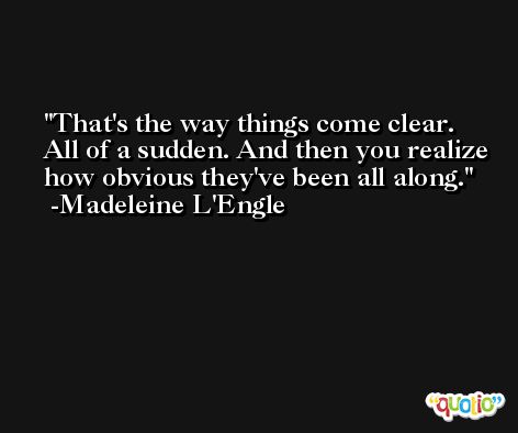 That's the way things come clear. All of a sudden. And then you realize how obvious they've been all along. -Madeleine L'Engle