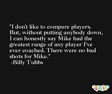 I don't like to compare players. But, without putting anybody down, I can honestly say Mike had the greatest range of any player I've ever coached. There were no bad shots for Mike. -Billy Tubbs