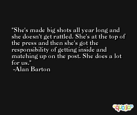 She's made big shots all year long and she doesn't get rattled. She's at the top of the press and then she's got the responsibility of getting inside and matching up on the post. She does a lot for us. -Alan Barton