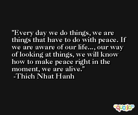Every day we do things, we are things that have to do with peace. If we are aware of our life..., our way of looking at things, we will know how to make peace right in the moment, we are alive. -Thich Nhat Hanh