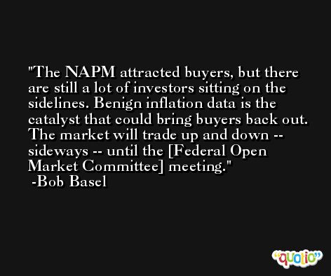 The NAPM attracted buyers, but there are still a lot of investors sitting on the sidelines. Benign inflation data is the catalyst that could bring buyers back out. The market will trade up and down -- sideways -- until the [Federal Open Market Committee] meeting. -Bob Basel