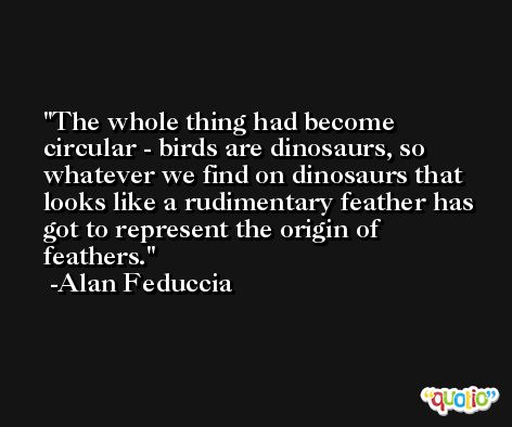 The whole thing had become circular - birds are dinosaurs, so whatever we find on dinosaurs that looks like a rudimentary feather has got to represent the origin of feathers. -Alan Feduccia