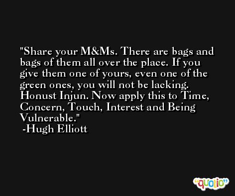 Share your M&Ms. There are bags and bags of them all over the place. If you give them one of yours, even one of the green ones, you will not be lacking. Honust Injun. Now apply this to Time, Concern, Touch, Interest and Being Vulnerable. -Hugh Elliott