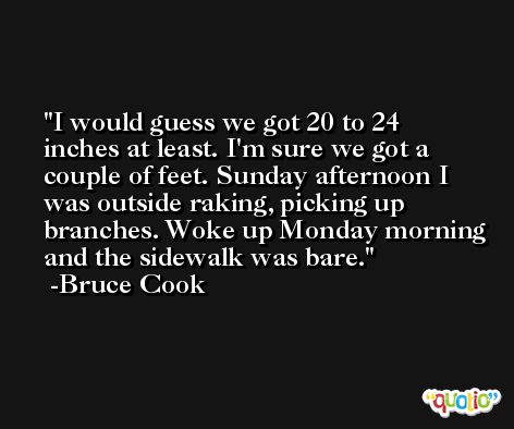 I would guess we got 20 to 24 inches at least. I'm sure we got a couple of feet. Sunday afternoon I was outside raking, picking up branches. Woke up Monday morning and the sidewalk was bare. -Bruce Cook