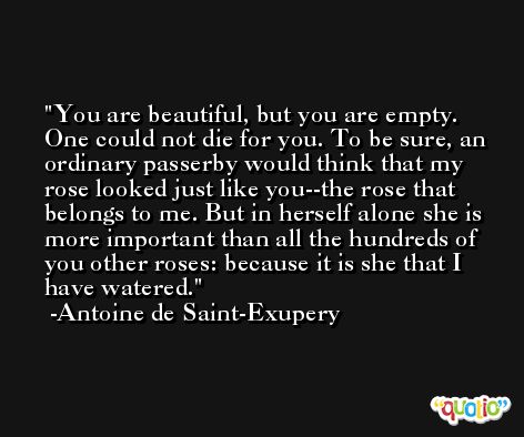 You are beautiful, but you are empty. One could not die for you. To be sure, an ordinary passerby would think that my rose looked just like you--the rose that belongs to me. But in herself alone she is more important than all the hundreds of you other roses: because it is she that I have watered. -Antoine de Saint-Exupery