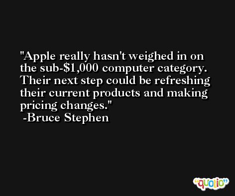 Apple really hasn't weighed in on the sub-$1,000 computer category. Their next step could be refreshing their current products and making pricing changes. -Bruce Stephen