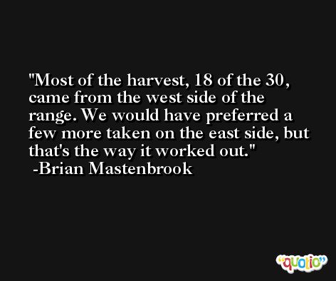 Most of the harvest, 18 of the 30, came from the west side of the range. We would have preferred a few more taken on the east side, but that's the way it worked out. -Brian Mastenbrook