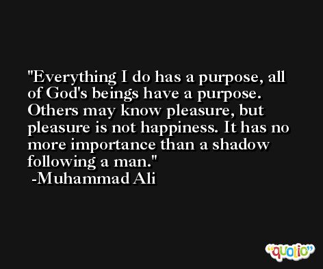 Everything I do has a purpose, all of God's beings have a purpose. Others may know pleasure, but pleasure is not happiness. It has no more importance than a shadow following a man. -Muhammad Ali