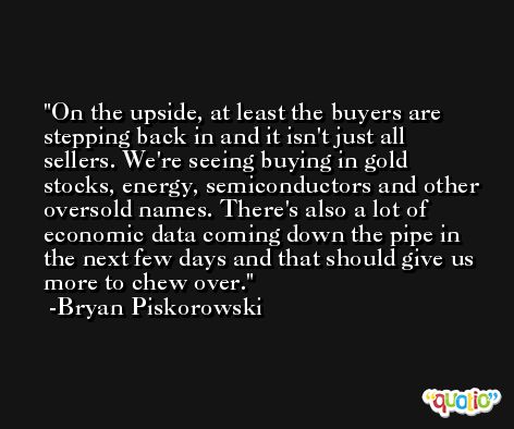 On the upside, at least the buyers are stepping back in and it isn't just all sellers. We're seeing buying in gold stocks, energy, semiconductors and other oversold names. There's also a lot of economic data coming down the pipe in the next few days and that should give us more to chew over. -Bryan Piskorowski