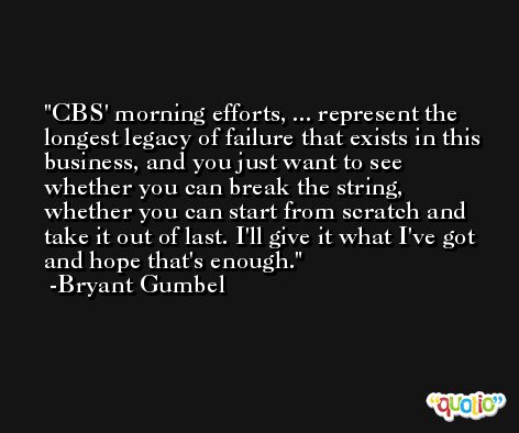 CBS' morning efforts, ... represent the longest legacy of failure that exists in this business, and you just want to see whether you can break the string, whether you can start from scratch and take it out of last. I'll give it what I've got and hope that's enough. -Bryant Gumbel