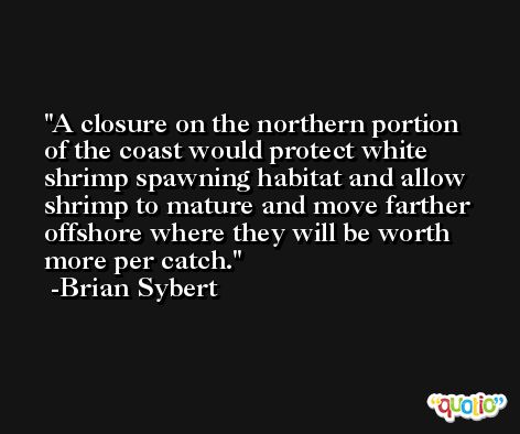 A closure on the northern portion of the coast would protect white shrimp spawning habitat and allow shrimp to mature and move farther offshore where they will be worth more per catch. -Brian Sybert