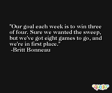 Our goal each week is to win three of four. Sure we wanted the sweep, but we've got eight games to go, and we're in first place. -Britt Bonneau