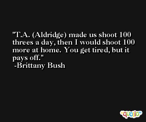 T.A. (Aldridge) made us shoot 100 threes a day, then I would shoot 100 more at home. You get tired, but it pays off. -Brittany Bush