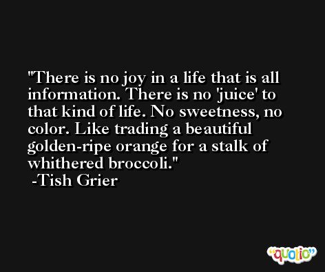 There is no joy in a life that is all information. There is no 'juice' to that kind of life. No sweetness, no color. Like trading a beautiful golden-ripe orange for a stalk of whithered broccoli. -Tish Grier