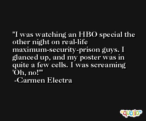 I was watching an HBO special the other night on real-life maximum-security-prison guys. I glanced up, and my poster was in quite a few cells. I was screaming 'Oh, no!' -Carmen Electra