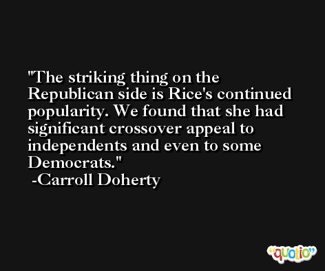 The striking thing on the Republican side is Rice's continued popularity. We found that she had significant crossover appeal to independents and even to some Democrats. -Carroll Doherty