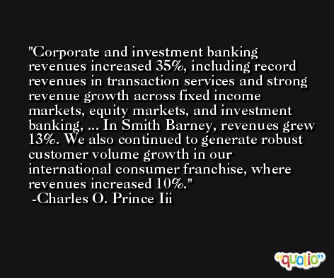 Corporate and investment banking revenues increased 35%, including record revenues in transaction services and strong revenue growth across fixed income markets, equity markets, and investment banking, ... In Smith Barney, revenues grew 13%. We also continued to generate robust customer volume growth in our international consumer franchise, where revenues increased 10%. -Charles O. Prince Iii