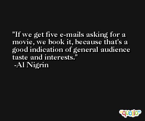 If we get five e-mails asking for a movie, we book it, because that's a good indication of general audience taste and interests. -Al Nigrin