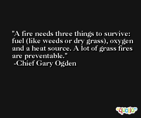 A fire needs three things to survive: fuel (like weeds or dry grass), oxygen and a heat source. A lot of grass fires are preventable. -Chief Gary Ogden