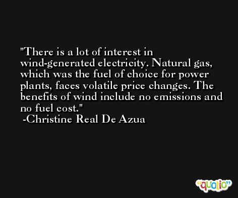 There is a lot of interest in wind-generated electricity. Natural gas, which was the fuel of choice for power plants, faces volatile price changes. The benefits of wind include no emissions and no fuel cost. -Christine Real De Azua