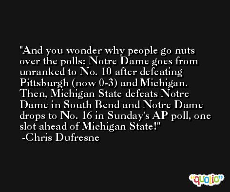 And you wonder why people go nuts over the polls: Notre Dame goes from unranked to No. 10 after defeating Pittsburgh (now 0-3) and Michigan. Then, Michigan State defeats Notre Dame in South Bend and Notre Dame drops to No. 16 in Sunday's AP poll, one slot ahead of Michigan State! -Chris Dufresne