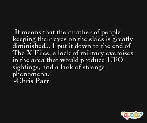 It means that the number of people keeping their eyes on the skies is greatly diminished... I put it down to the end of The X Files, a lack of military exercises in the area that would produce UFO sightings, and a lack of strange phenomena. -Chris Parr