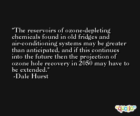 The reservoirs of ozone-depleting chemicals found in old fridges and air-conditioning systems may be greater than anticipated, and if this continues into the future then the projection of ozone hole recovery in 2050 may have to be extended. -Dale Hurst