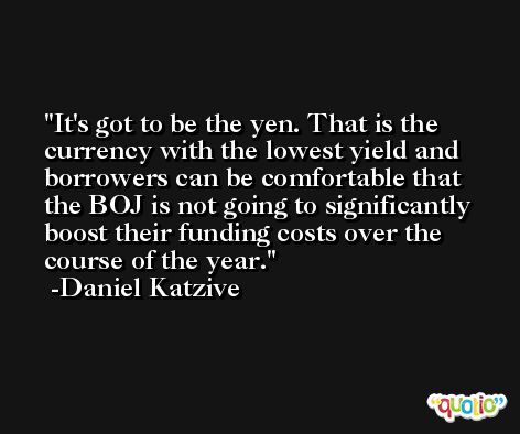 It's got to be the yen. That is the currency with the lowest yield and borrowers can be comfortable that the BOJ is not going to significantly boost their funding costs over the course of the year. -Daniel Katzive