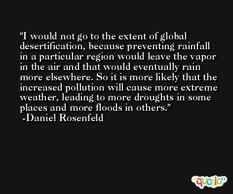 I would not go to the extent of global desertification, because preventing rainfall in a particular region would leave the vapor in the air and that would eventually rain more elsewhere. So it is more likely that the increased pollution will cause more extreme weather, leading to more droughts in some places and more floods in others. -Daniel Rosenfeld