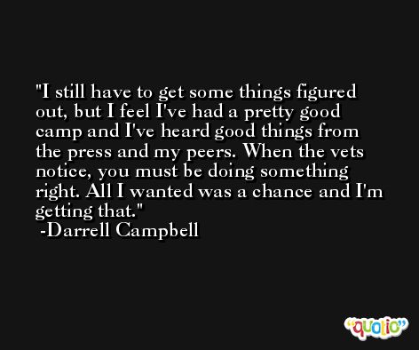 I still have to get some things figured out, but I feel I've had a pretty good camp and I've heard good things from the press and my peers. When the vets notice, you must be doing something right. All I wanted was a chance and I'm getting that. -Darrell Campbell