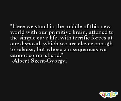 Here we stand in the middle of this new world with our primitive brain, attuned to the simple cave life, with terrific forces at our disposal, which we are clever enough to release, but whose consequences we cannot comprehend. -Albert Szent-Gyorgyi