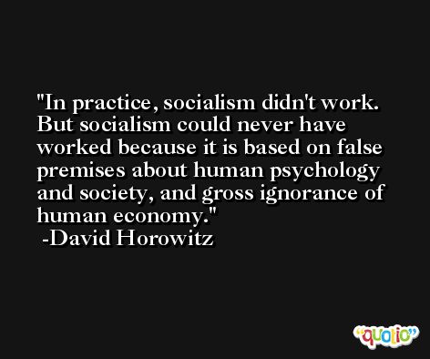 In practice, socialism didn't work. But socialism could never have worked because it is based on false premises about human psychology and society, and gross ignorance of human economy. -David Horowitz