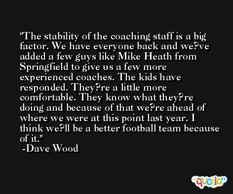 The stability of the coaching staff is a big factor. We have everyone back and we?ve added a few guys like Mike Heath from Springfield to give us a few more experienced coaches. The kids have responded. They?re a little more comfortable. They know what they?re doing and because of that we?re ahead of where we were at this point last year. I think we?ll be a better football team because of it. -Dave Wood