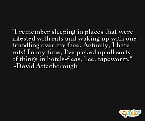 I remember sleeping in places that were infested with rats and waking up with one trundling over my face. Actually, I hate rats! In my time, I've picked up all sorts of things in hotels-fleas, lice, tapeworm. -David Attenborough