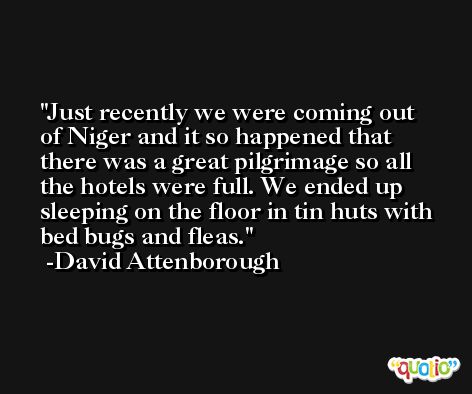 Just recently we were coming out of Niger and it so happened that there was a great pilgrimage so all the hotels were full. We ended up sleeping on the floor in tin huts with bed bugs and fleas. -David Attenborough