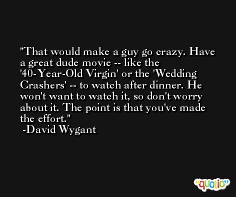 That would make a guy go crazy. Have a great dude movie -- like the '40-Year-Old Virgin' or the 'Wedding Crashers' -- to watch after dinner. He won't want to watch it, so don't worry about it. The point is that you've made the effort. -David Wygant