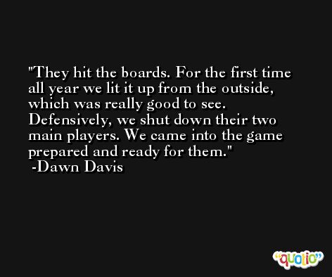 They hit the boards. For the first time all year we lit it up from the outside, which was really good to see. Defensively, we shut down their two main players. We came into the game prepared and ready for them. -Dawn Davis