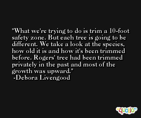 What we're trying to do is trim a 10-foot safety zone. But each tree is going to be different. We take a look at the species, how old it is and how it's been trimmed before. Rogers' tree had been trimmed privately in the past and most of the growth was upward. -Debora Livengood