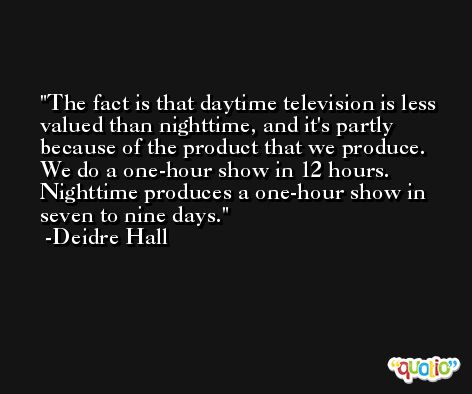 The fact is that daytime television is less valued than nighttime, and it's partly because of the product that we produce. We do a one-hour show in 12 hours. Nighttime produces a one-hour show in seven to nine days. -Deidre Hall