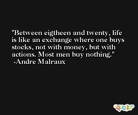 Between eigtheen and twenty, life is like an exchange where one buys stocks, not with money, but with actions. Most men buy nothing. -Andre Malraux