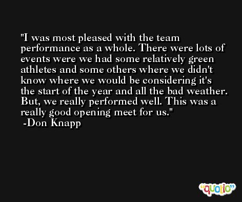 I was most pleased with the team performance as a whole. There were lots of events were we had some relatively green athletes and some others where we didn't know where we would be considering it's the start of the year and all the bad weather. But, we really performed well. This was a really good opening meet for us. -Don Knapp