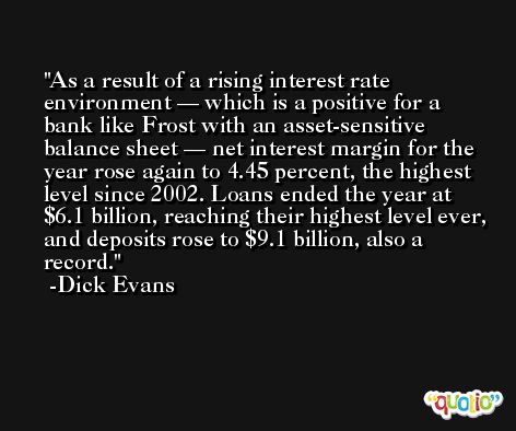 As a result of a rising interest rate environment — which is a positive for a bank like Frost with an asset-sensitive balance sheet — net interest margin for the year rose again to 4.45 percent, the highest level since 2002. Loans ended the year at $6.1 billion, reaching their highest level ever, and deposits rose to $9.1 billion, also a record. -Dick Evans