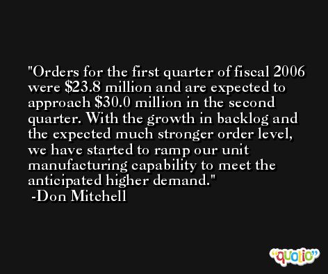 Orders for the first quarter of fiscal 2006 were $23.8 million and are expected to approach $30.0 million in the second quarter. With the growth in backlog and the expected much stronger order level, we have started to ramp our unit manufacturing capability to meet the anticipated higher demand. -Don Mitchell