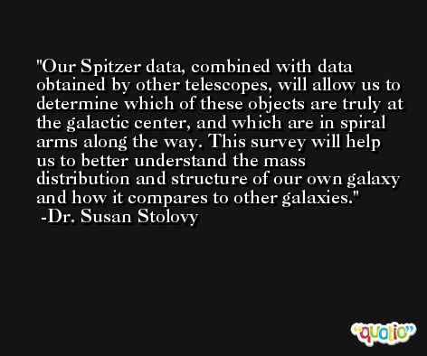 Our Spitzer data, combined with data obtained by other telescopes, will allow us to determine which of these objects are truly at the galactic center, and which are in spiral arms along the way. This survey will help us to better understand the mass distribution and structure of our own galaxy and how it compares to other galaxies. -Dr. Susan Stolovy