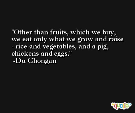 Other than fruits, which we buy, we eat only what we grow and raise - rice and vegetables, and a pig, chickens and eggs. -Du Chongan