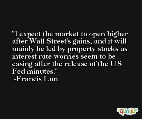 I expect the market to open higher after Wall Street's gains, and it will mainly be led by property stocks as interest rate worries seem to be easing after the release of the US Fed minutes. -Francis Lun
