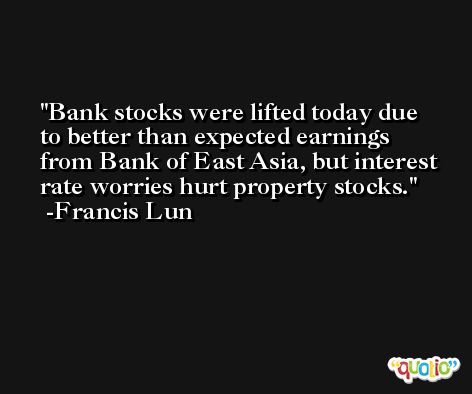 Bank stocks were lifted today due to better than expected earnings from Bank of East Asia, but interest rate worries hurt property stocks. -Francis Lun