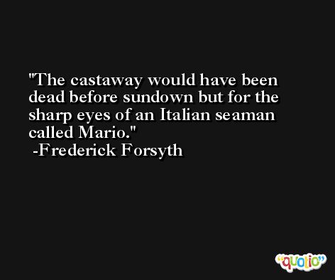 The castaway would have been dead before sundown but for the sharp eyes of an Italian seaman called Mario. -Frederick Forsyth