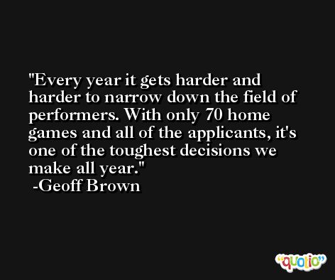 Every year it gets harder and harder to narrow down the field of performers. With only 70 home games and all of the applicants, it's one of the toughest decisions we make all year. -Geoff Brown